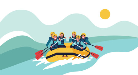 Group Of People Enjoying Whitewater Rafting Adventure In River Waters Safely