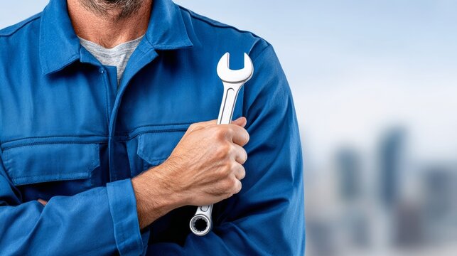 Male technician in blue coveralls holding a wrench confidently, standing against a blurred urban background, showcasing expertise in mechanical work and the automotive industry with a professional dem - Powered by Adobe