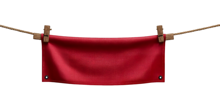 Red Fabric Banner on Rope isolated on a transparent background