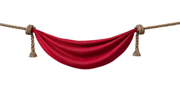 Red fabric banner hanging on rope isolated on a transparent background