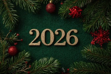 Christmas background for postcards, advertisements, banners with free space for writing text, greetings or wishes. The inscription is "2026". New Year's decor. A festive atmosphere. Selective focus.