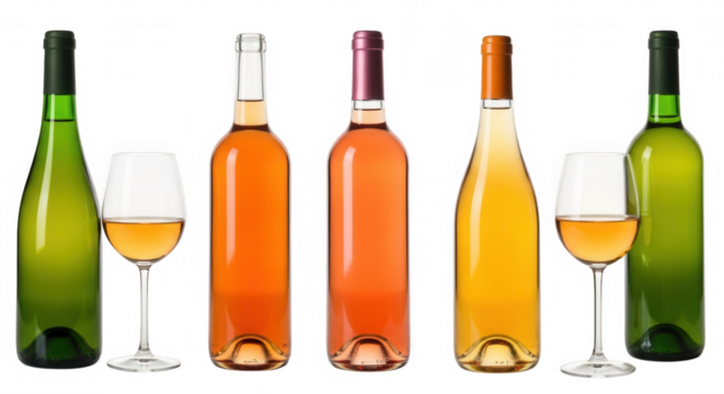 Green bottles with amber and rose wines in glasses isolated on a transparent background image
