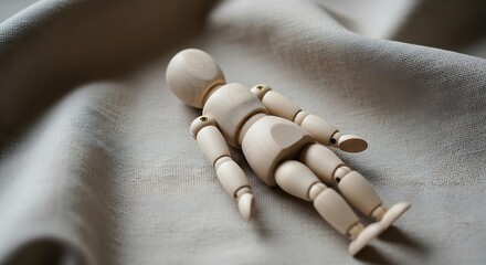 Contemplative wooden mannequin resting on neutral textured fabric