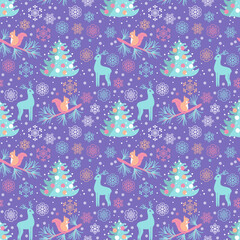 New year seamless vector pattern with cute animals and snowflakes