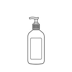 Fototapeta premium Flat Black Outline Icon of a Pump Dispenser Bottle with a Blank Rectangular Label Area, Isolated on White Background