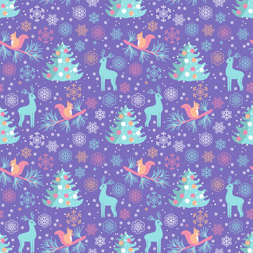 New year seamless vector pattern with cute animals and snowflakes