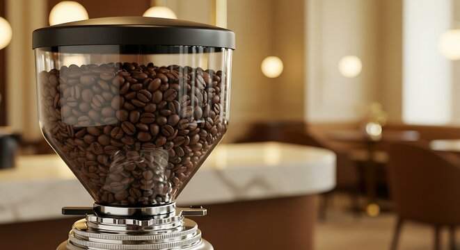 Close-up of a coffee grinder filled with roasted beans, blurred cafe interior background