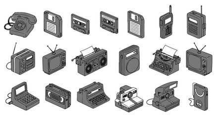 Collection of vintage electronic devices and retro technology icons presented in a clean isometric illustration style on a white background