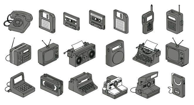 Collection of vintage electronic devices and retro technology icons presented in a clean isometric illustration style on a white background