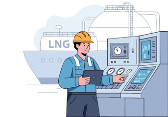 A worker monitors an LNG facility, using a tablet at a control panel. Modern illustration style, conveying industrial operations and technology. Clean, professional aesthetic.