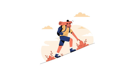Fototapeta premium Illustration Of A Hiker Climbing A Steep Slope With Backpack Towards A Mountain Summit
