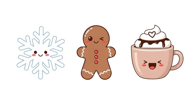 Kawaii winter holiday icons featuring a happy snowflake, winking gingerbread man, and smiling hot cocoa mug.