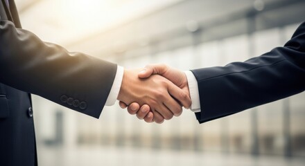 Close-up of a firm business handshake between two men in dark suits, symbolizing a successful corporate deal with a bright, blurred office background.
