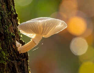 Close-up of a backlit mushroom growing on a mossy tree trunk