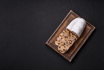 Stollen, a German Christmas pastry for the winter holidays. Stollen as a food background