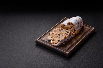 Stollen, a German Christmas pastry for the winter holidays. Stollen as a food background