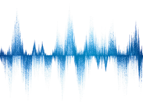 Abstract image shows blue and white sound waves against a black background, resembling a visual representation of audio
