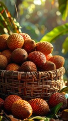 Close-up of a basket filled with tropical fruits and leaves