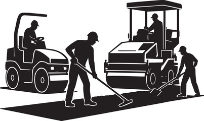 "Black and White Road Construction Illustration with Workers and Machinery – Infrastructure Development Concept"