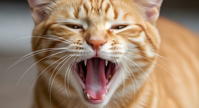 Close-up of an orange tabby cat yawning, showing its teeth and pink tongue.
