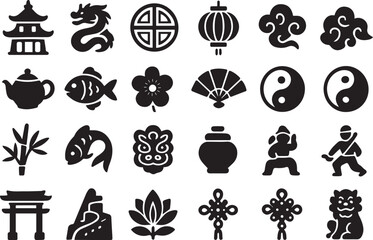 Chinese new year icons isolated on white background set of traditional symbols, including pagoda, dragon, ornament, lantern, cloud, teapot, fish, flower, fan, and yin yang