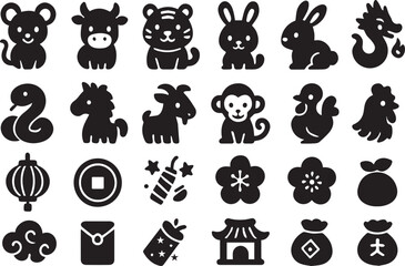 Chinese zodiac signs and lunar new year icons isolated on white background set of traditional symbols, including rat, ox, tiger, rabbit, dragon, snake, horse, goat, monkey, rooster, dog, and pig