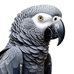 Close-up of a beautiful, gray, feathered parrot on white background