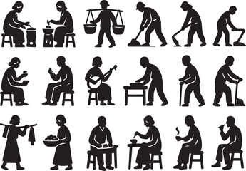 Silhouette vector art depicting various chinese farmers and workers engaged in traditional activities, showcasing rural life and labor in a vintage, illustrative style