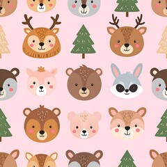 Obraz premium Adorable repeating pattern of smiling forest animal faces and trees