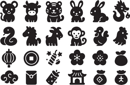 Chinese zodiac signs and lunar new year icons isolated on white background set of traditional symbols, including rat, ox, tiger, rabbit, dragon, snake, horse, goat, monkey, rooster, dog, and pig