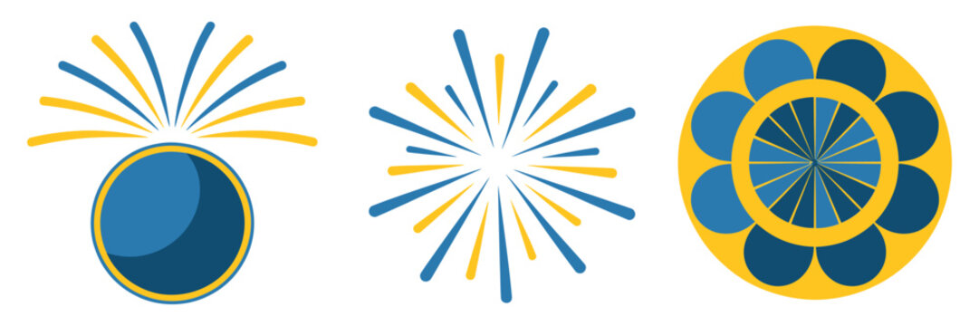 Blue yellow roundel with spark trails, national palette celebration, festive fireworks collection, modern flat vector illustration
