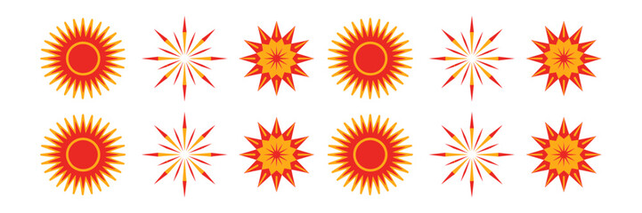 Orange sunburst fireworks collection, round star shapes, festival sparkle elements, celebration backdrop accents, cultural parade graphics, vector
