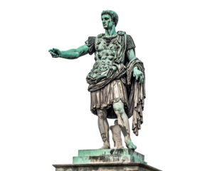 Classical statue of a figure in military dress, gesturing with hand, atop a stone base against black backdrop