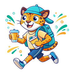 Happy Cheetah Mascot – Cartoon Character Running with Coffee and Backpack