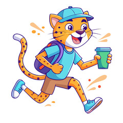 Running Cheetah Character &ndash; Cartoon Mascot with Backpack and Coffee Cup