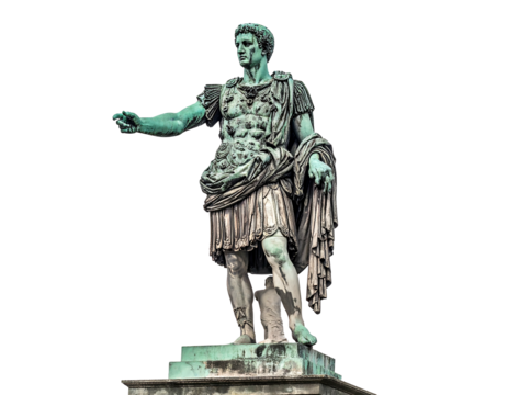 Classical statue of a figure in military dress, gesturing with hand, atop a stone base against black backdrop