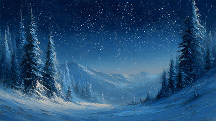 Serene winter night landscape with snow covered valley under starry sky