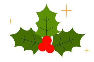 Christmas holly leaves with red berries and gold sparkle stars. Traditional holiday decoration with green foliage and bright red berries for festive winter celebration designs. High resolution PNG