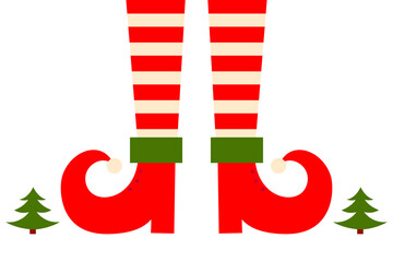 Christmas elf legs with red and white striped stockings, curled red shoes, green cuffs, and small Christmas trees. Festive holiday illustration for greeting cards, decorations, and seasonal designs 