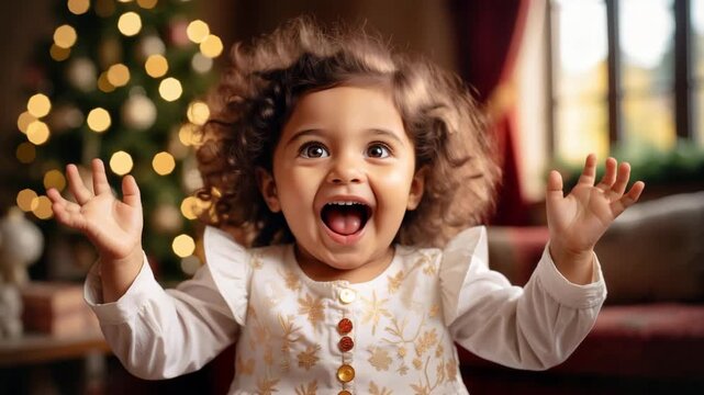 A joyful young girl with curly brown hair smiles widely, celebrating Thanksgiving. She wears a white dress, surrounded by festive decorations.