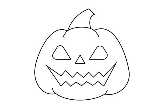 Halloween jack-o-lantern pumpkin outline with evil grin and angry eyes. Carved pumpkin with menacing black facial expression for spooky October decorations, parties, cards, articles. High-res PNG	