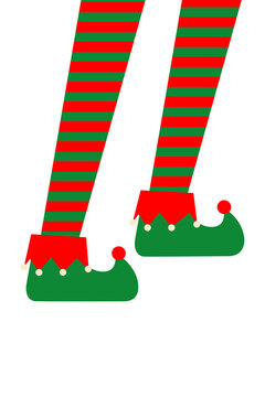 Christmas elf legs with red and green striped stockings, curled green shoes and red cuff. Festive holiday illustration for greeting cards, decorations, articles, posts and seasonal designs. High-res