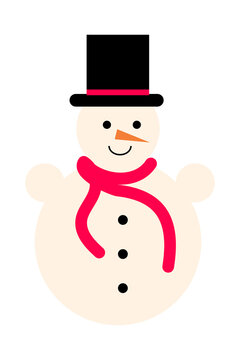 Fun, cute snowman illustration with red scarf and hat, smiling face, and carrot nose. Flat vector winter, Christmas design. High resolution PNG for festive, holiday, seasonal projects, decorations. 