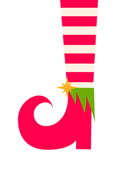 Christmas elf leg with red and white striped stockings, curled red shoes, green Christmas tree cuffs. Festive holiday illustration for greeting cards, decorations, and seasonal designs. PNG