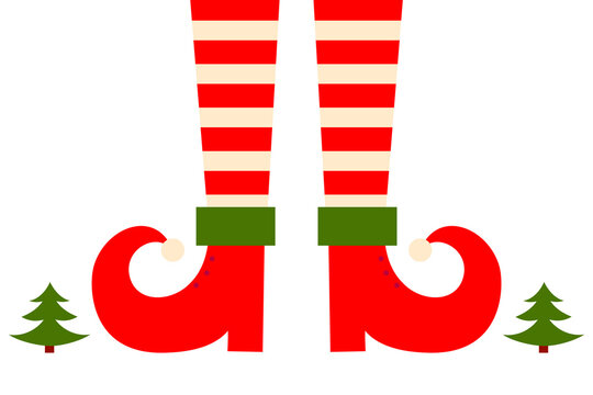 Christmas elf legs with red and white striped stockings, curled red shoes, green cuffs, and small Christmas trees. Festive holiday illustration for greeting cards, decorations, and seasonal designs 
