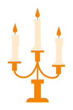 Elegant candelabra with three lit candles and orange flames. Bright orange candle holder with cream colored candles for dinner, spooky October decorations, autumn celebrations, and festive themes. PNG