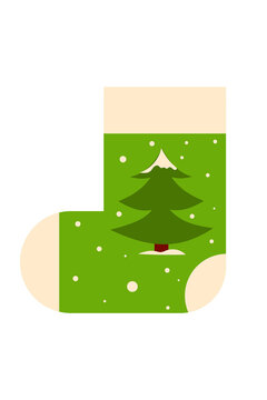 Green Christmas stocking with evergreen tree and falling snow design. Festive holiday decoration in cream and green colors for winter celebrations, gift giving, decoration and seasonal greeting cards.