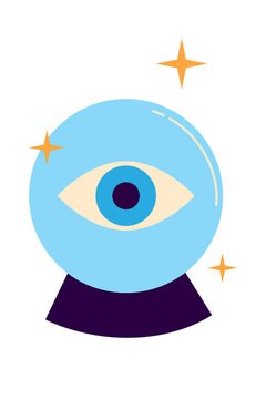 Mystical crystal ball with an all-seeing eye inside, surrounded by golden sparkles. Flat vector illustration for magic, Halloween or fortune-telling themes. Transparent PNG, high resolution.