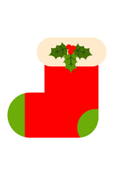 Red, green and white Christmas stocking with holly ornament. Festive holiday decoration in cream and green colors for winter celebrations, gift giving, decoration and seasonal greeting cards. High-res