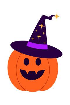 Cute Halloween jack-o&rsquo;-lantern pumpkin illustration with fangs, smile, and witch hat. Fun carved pumpkin design perfect for spooky October decorations, party invites, greeting cards, and seasonal art 